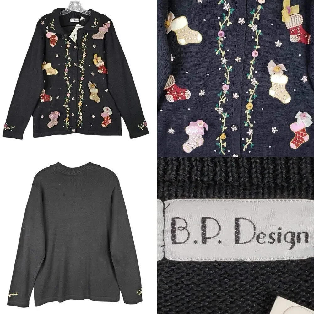 BP Design Sweater Cardigan Womens Black Knit Size Medium M Christmas New
